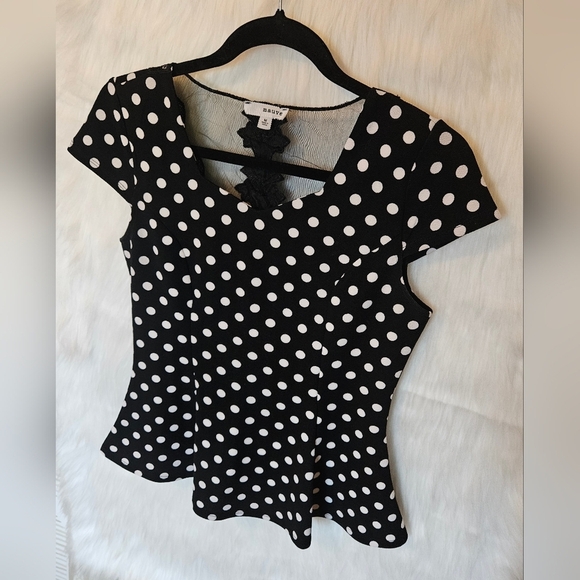 Mauve Retro Polka Dot, Lace & Mesh Peplum Blouse - Picture 2 of 7